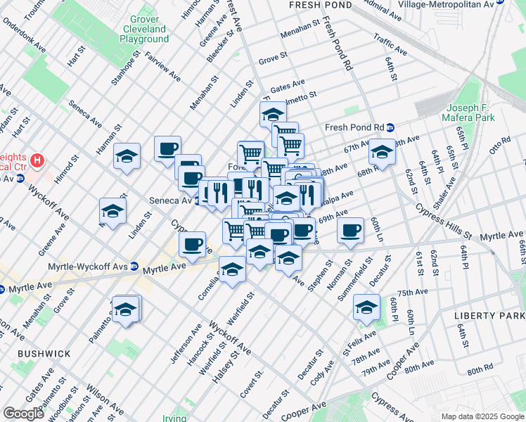 map of restaurants, bars, coffee shops, grocery stores, and more near 1859 Cornelia Street in Queens