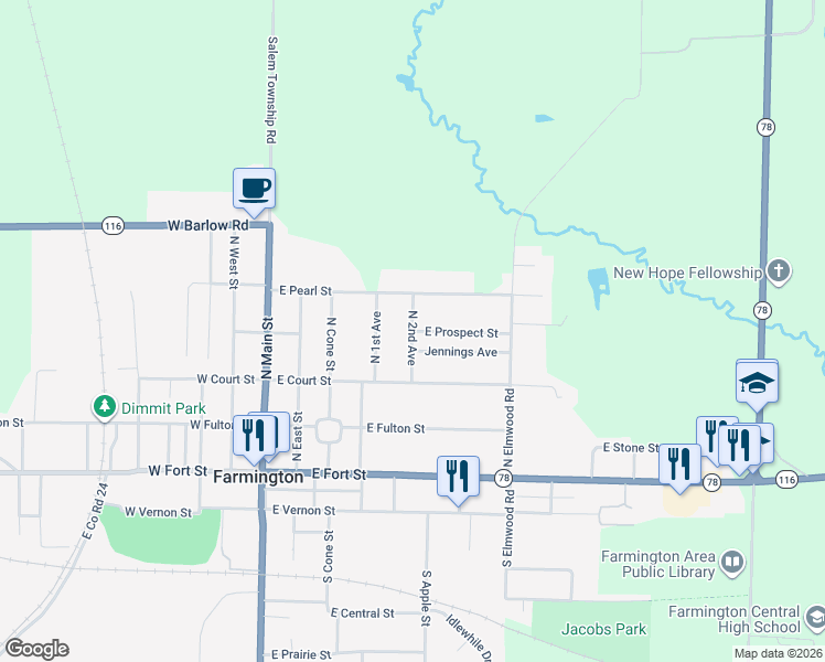 map of restaurants, bars, coffee shops, grocery stores, and more near 401 East Prospect Street in Farmington