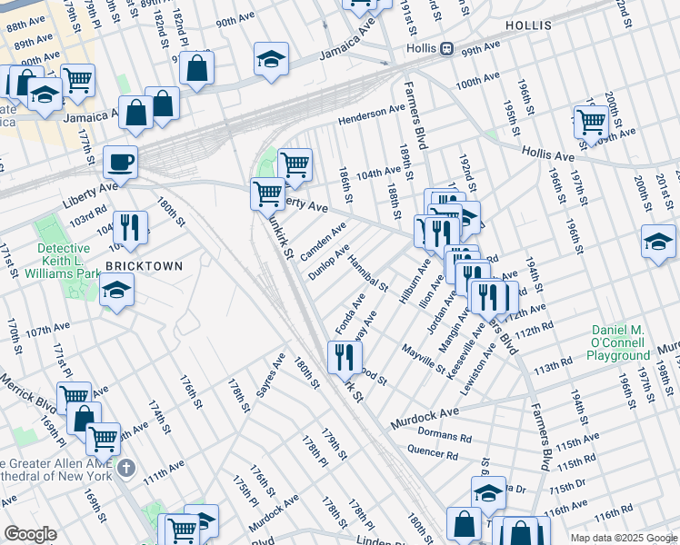map of restaurants, bars, coffee shops, grocery stores, and more near 183-49 Elmira Avenue in Queens
