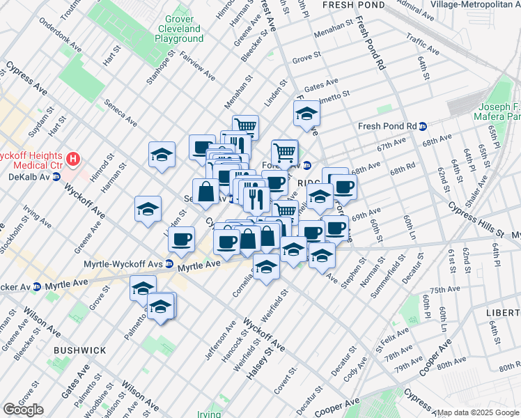 map of restaurants, bars, coffee shops, grocery stores, and more near 18-14 Woodbine Street in Queens