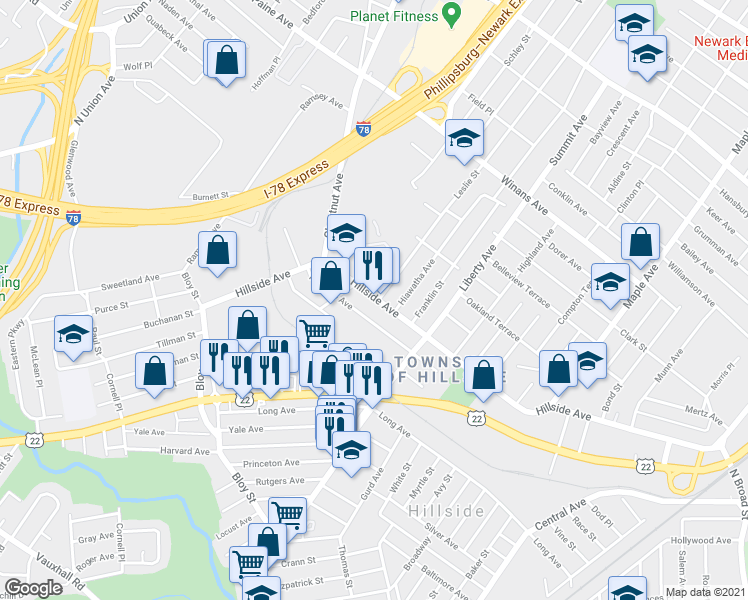 map of restaurants, bars, coffee shops, grocery stores, and more near 356a Hillside Avenue in Hillside