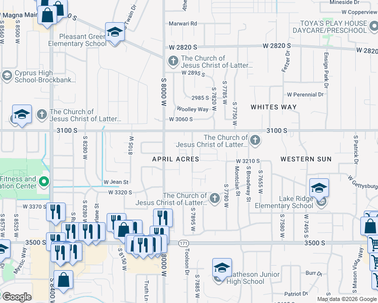 map of restaurants, bars, coffee shops, grocery stores, and more near 3186 7900 West in Magna