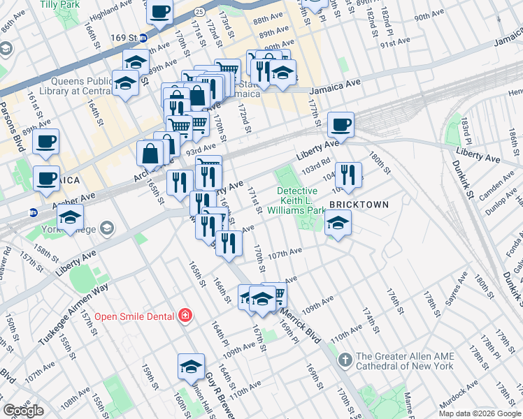 map of restaurants, bars, coffee shops, grocery stores, and more near 104-11 171st Street in Queens