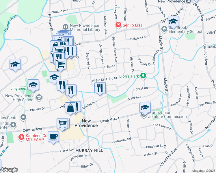 map of restaurants, bars, coffee shops, grocery stores, and more near 4 2nd Street in New Providence