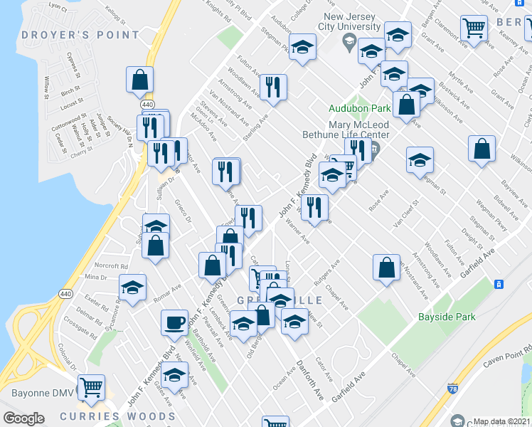 map of restaurants, bars, coffee shops, grocery stores, and more near 76 McAdoo Avenue in Jersey City