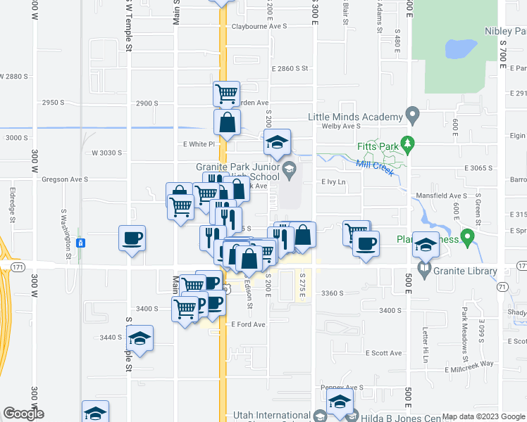 map of restaurants, bars, coffee shops, grocery stores, and more near 3160 South 200 East in South Salt Lake