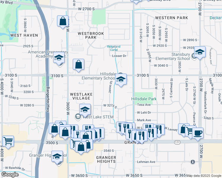 map of restaurants, bars, coffee shops, grocery stores, and more near 3179 Jason Place in West Valley City