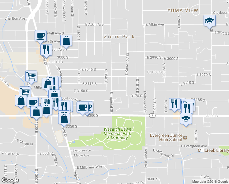 map of restaurants, bars, coffee shops, grocery stores, and more near 1716 East 3150 South in Salt Lake City