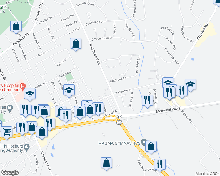 map of restaurants, bars, coffee shops, grocery stores, and more near 207 Red School Lane in Phillipsburg