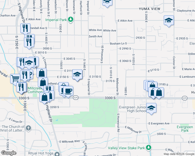 map of restaurants, bars, coffee shops, grocery stores, and more near 3152 South Kenwood Street in Salt Lake City