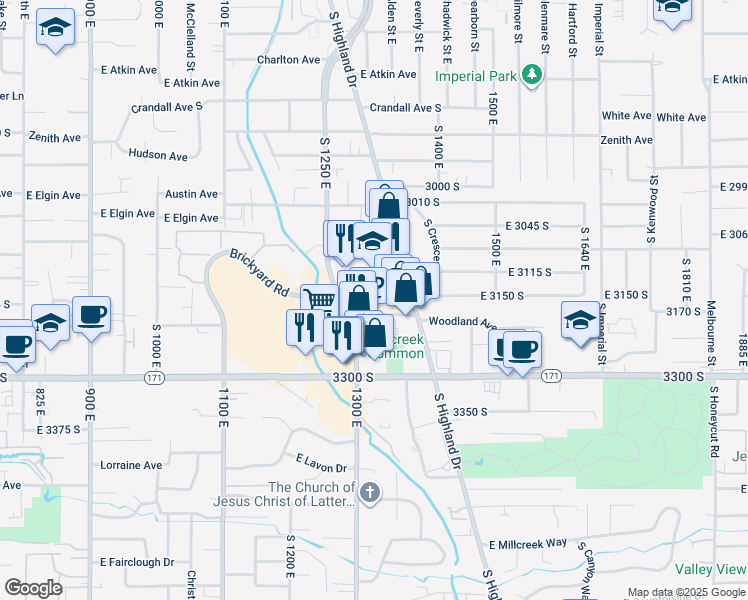 map of restaurants, bars, coffee shops, grocery stores, and more near 1350 Miller Avenue in Millcreek