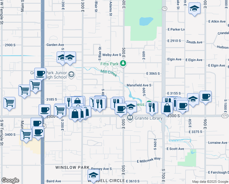 map of restaurants, bars, coffee shops, grocery stores, and more near 474 East Lambourne Avenue in South Salt Lake