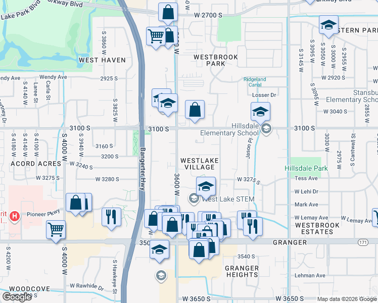 map of restaurants, bars, coffee shops, grocery stores, and more near 3562 Westlake Road in West Valley City