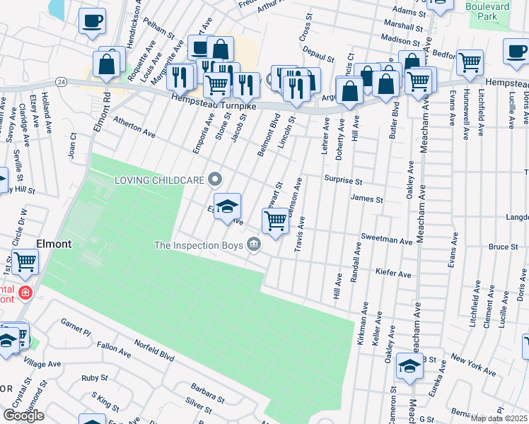 map of restaurants, bars, coffee shops, grocery stores, and more near 1529 Brunswick Place in Elmont