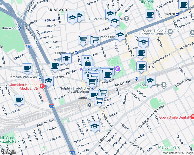 map of restaurants, bars, coffee shops, grocery stores, and more near 90-20 148th Street in Queens