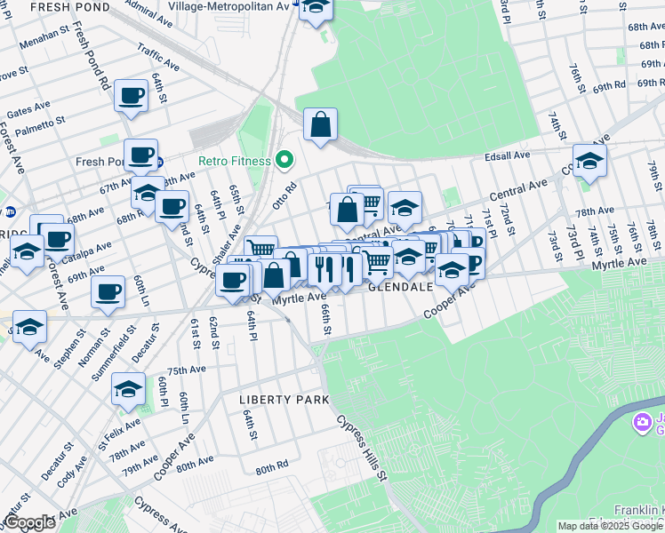 map of restaurants, bars, coffee shops, grocery stores, and more near 71-20 67th Street in Queens