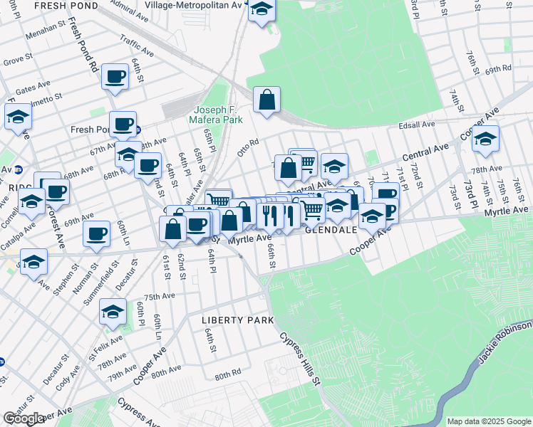 map of restaurants, bars, coffee shops, grocery stores, and more near 66-06 Central Avenue in Queens