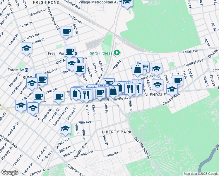 map of restaurants, bars, coffee shops, grocery stores, and more near 70-41 64th Place in Queens