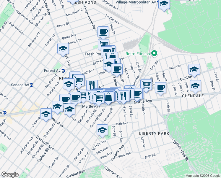 map of restaurants, bars, coffee shops, grocery stores, and more near 60-83 70th Avenue in Queens