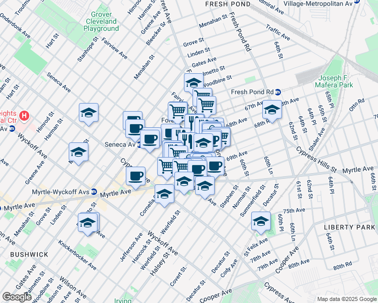 map of restaurants, bars, coffee shops, grocery stores, and more near 18-67 Cornelia Street in Queens