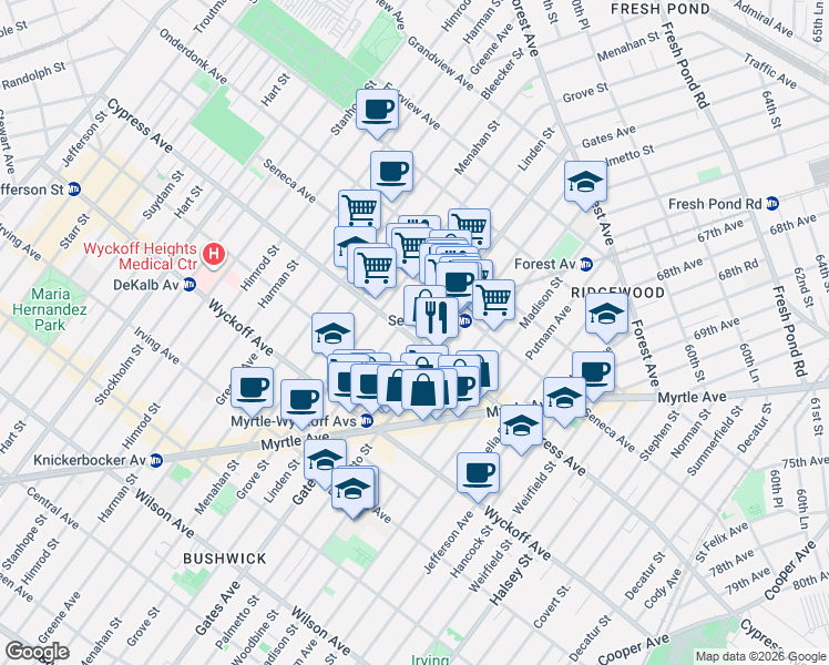 map of restaurants, bars, coffee shops, grocery stores, and more near 17-07 Gates Avenue in Queens
