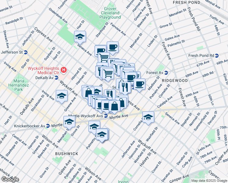 map of restaurants, bars, coffee shops, grocery stores, and more near 16-82 Grove Street in Queens