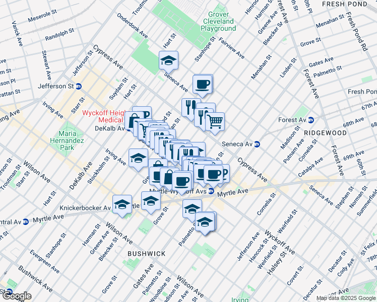 map of restaurants, bars, coffee shops, grocery stores, and more near 397 Bleecker Street in Brooklyn