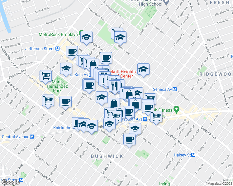 map of restaurants, bars, coffee shops, grocery stores, and more near 1455 Greene Avenue in Brooklyn