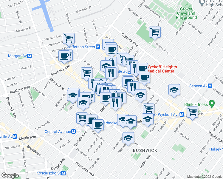 map of restaurants, bars, coffee shops, grocery stores, and more near 1535 Dekalb Avenue in Brooklyn