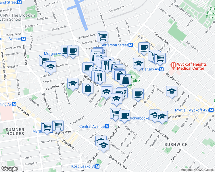 map of restaurants, bars, coffee shops, grocery stores, and more near in Brooklyn