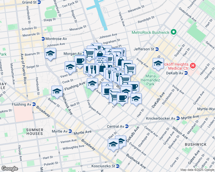 map of restaurants, bars, coffee shops, grocery stores, and more near 85 George Street in Brooklyn