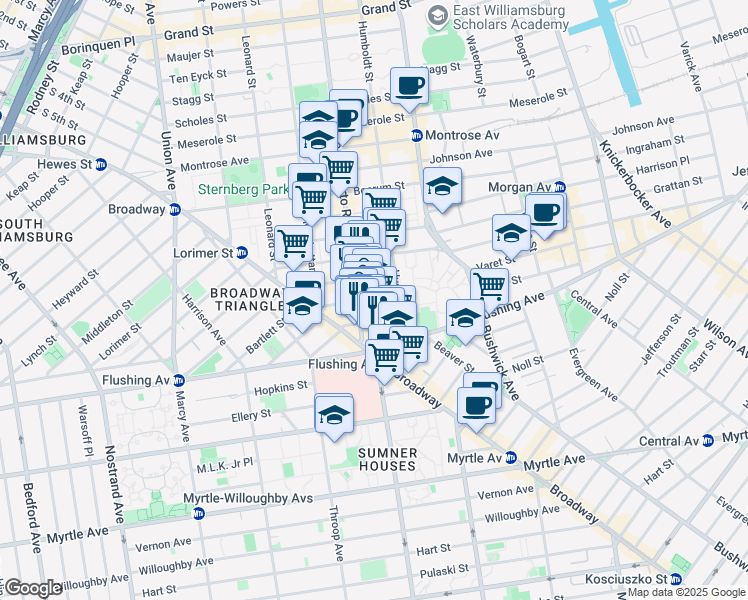 map of restaurants, bars, coffee shops, grocery stores, and more near 70 Varet Street in Brooklyn
