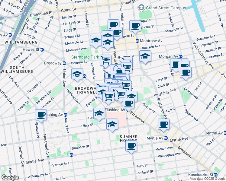 map of restaurants, bars, coffee shops, grocery stores, and more near 10 Manhattan Avenue in Brooklyn