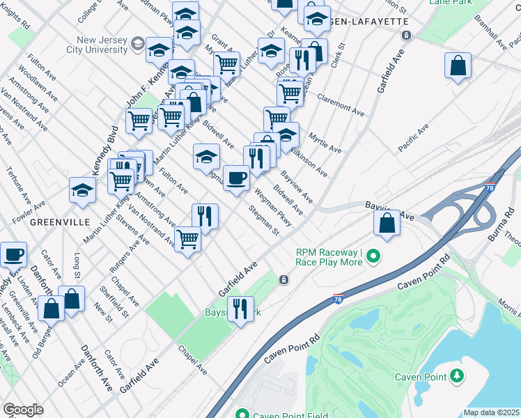 map of restaurants, bars, coffee shops, grocery stores, and more near 60 Stegman Street in Jersey City