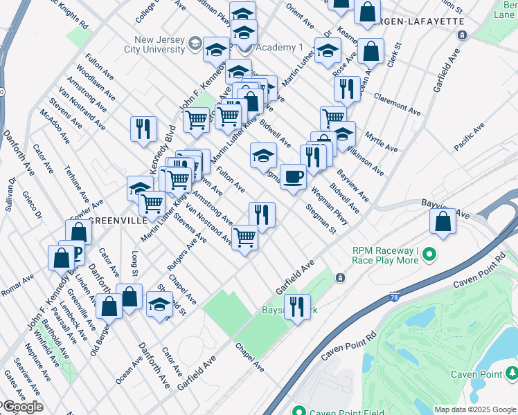map of restaurants, bars, coffee shops, grocery stores, and more near 100 Fulton Avenue in Jersey City