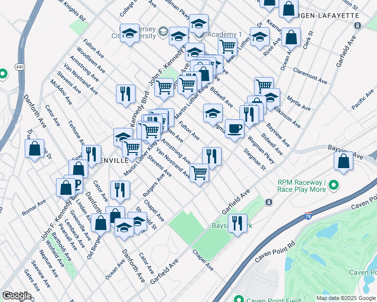 map of restaurants, bars, coffee shops, grocery stores, and more near 118-120 Woodlawn Avenue in Jersey City