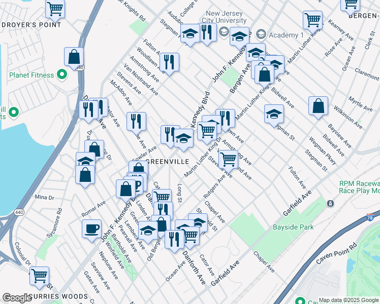 map of restaurants, bars, coffee shops, grocery stores, and more near 1832 John F. Kennedy Boulevard in Jersey City