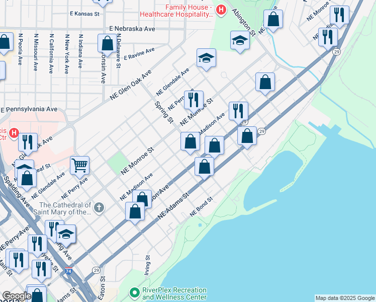 map of restaurants, bars, coffee shops, grocery stores, and more near 411 Spring Street in Peoria