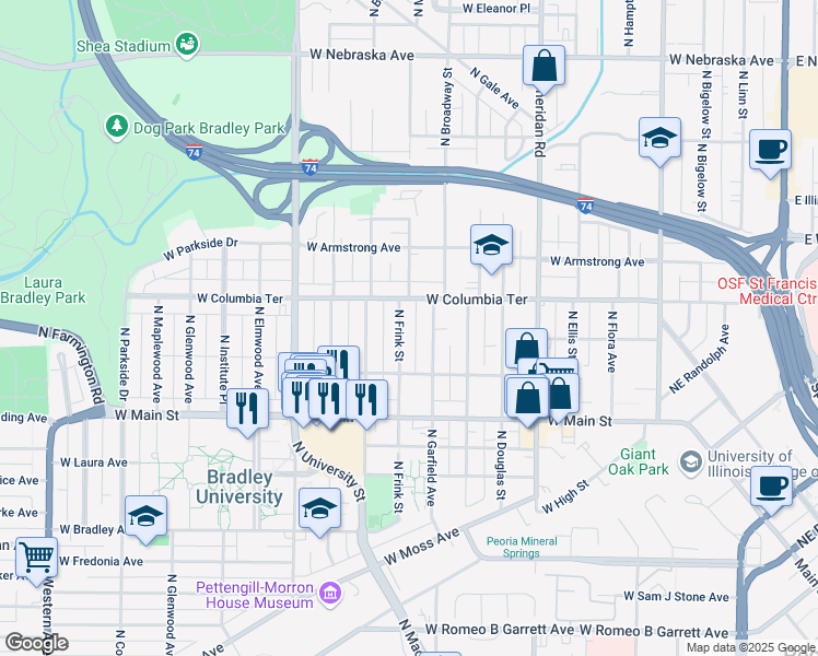 map of restaurants, bars, coffee shops, grocery stores, and more near 1212 North Frink Street in Peoria