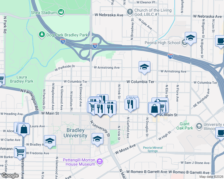 map of restaurants, bars, coffee shops, grocery stores, and more near 1210 North Bourland Avenue in Peoria