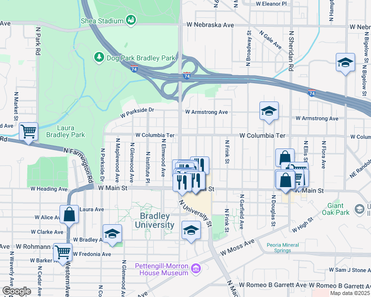 map of restaurants, bars, coffee shops, grocery stores, and more near 1212 North University Street in Peoria
