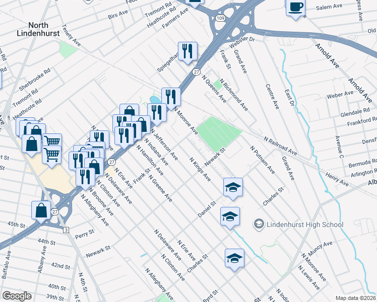 map of restaurants, bars, coffee shops, grocery stores, and more near 668 North Kings Avenue in Lindenhurst