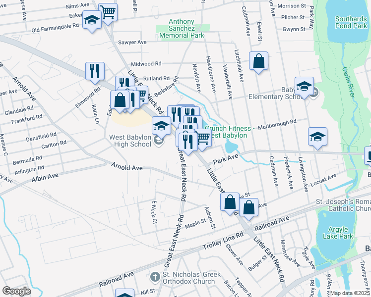 map of restaurants, bars, coffee shops, grocery stores, and more near 372 Little East Neck Road in West Babylon