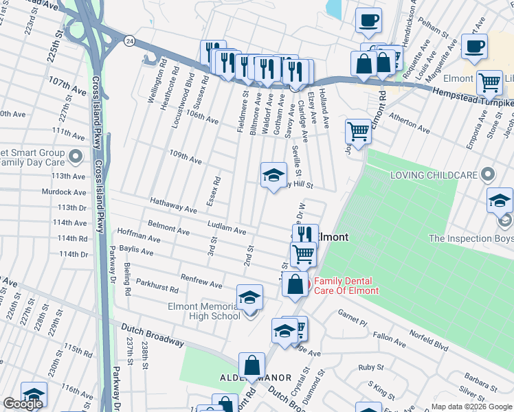 map of restaurants, bars, coffee shops, grocery stores, and more near 286 Waldorf Avenue in Elmont