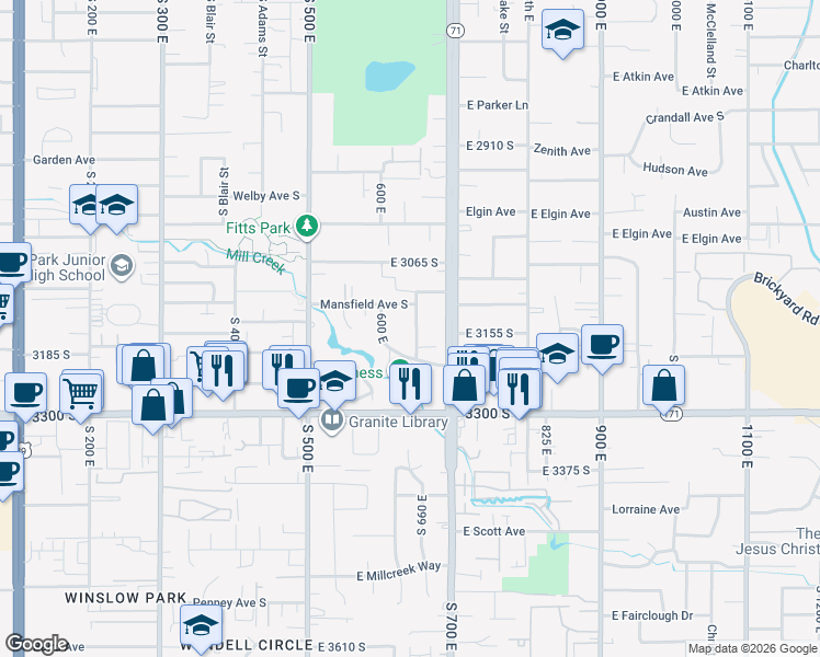 map of restaurants, bars, coffee shops, grocery stores, and more near 3150 South Green Street in Salt Lake City