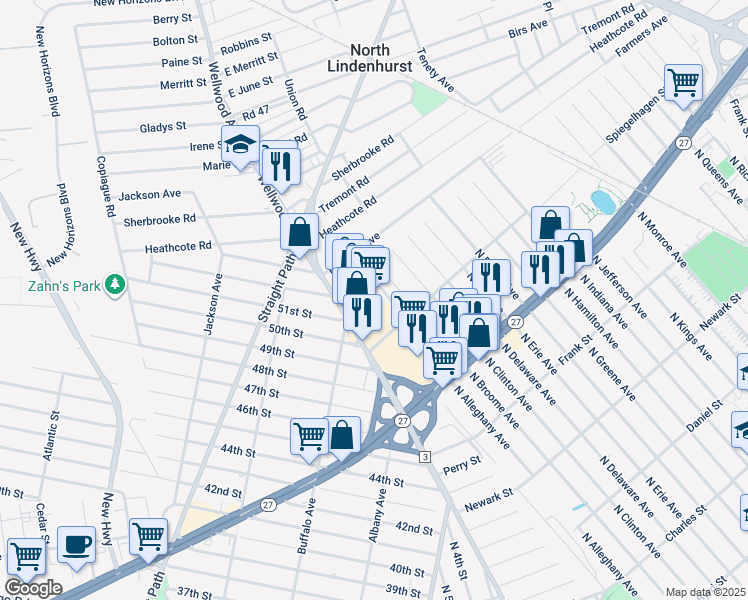 map of restaurants, bars, coffee shops, grocery stores, and more near 1020 North Broome Avenue in Lindenhurst