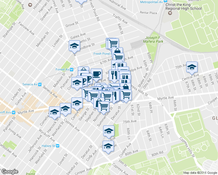 map of restaurants, bars, coffee shops, grocery stores, and more near 60-44 69th Avenue in Queens