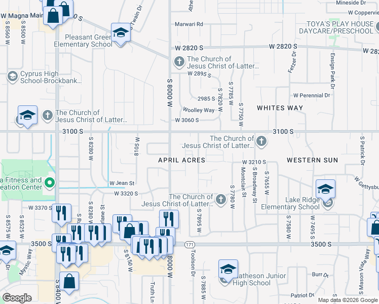 map of restaurants, bars, coffee shops, grocery stores, and more near 3186 7900 West in Magna