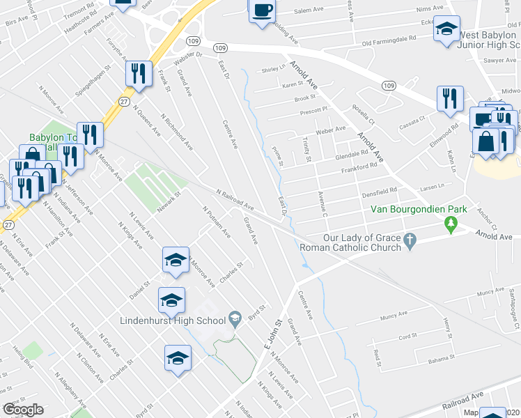 map of restaurants, bars, coffee shops, grocery stores, and more near 501 North Railroad Avenue in Lindenhurst