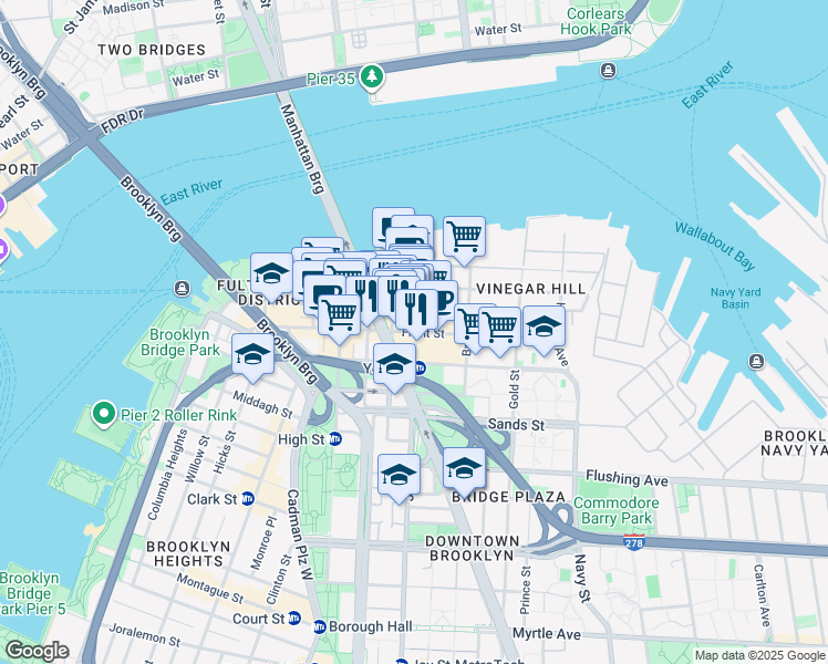 map of restaurants, bars, coffee shops, grocery stores, and more near 56 Jay Street in Brooklyn